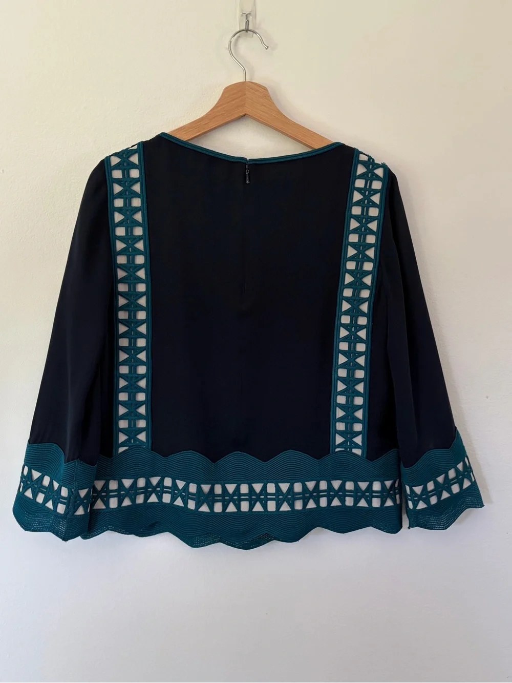 Tory Burch Germaine Boat Neck Embroidered Navy Blue & Teal Long Sleeve Silk Top